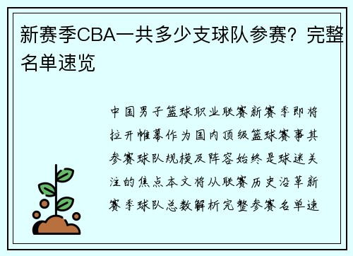 新赛季CBA一共多少支球队参赛？完整名单速览