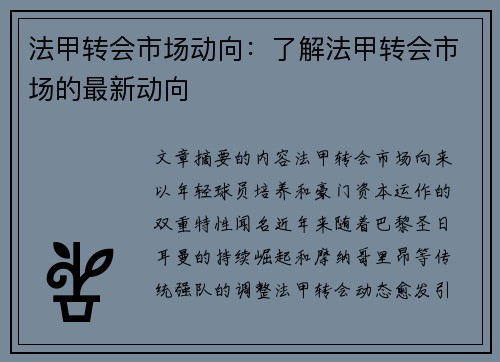 法甲转会市场动向：了解法甲转会市场的最新动向