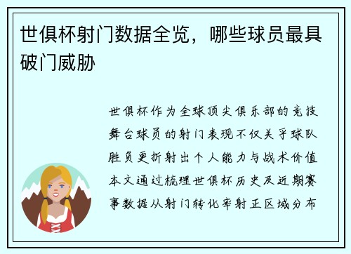 世俱杯射门数据全览，哪些球员最具破门威胁